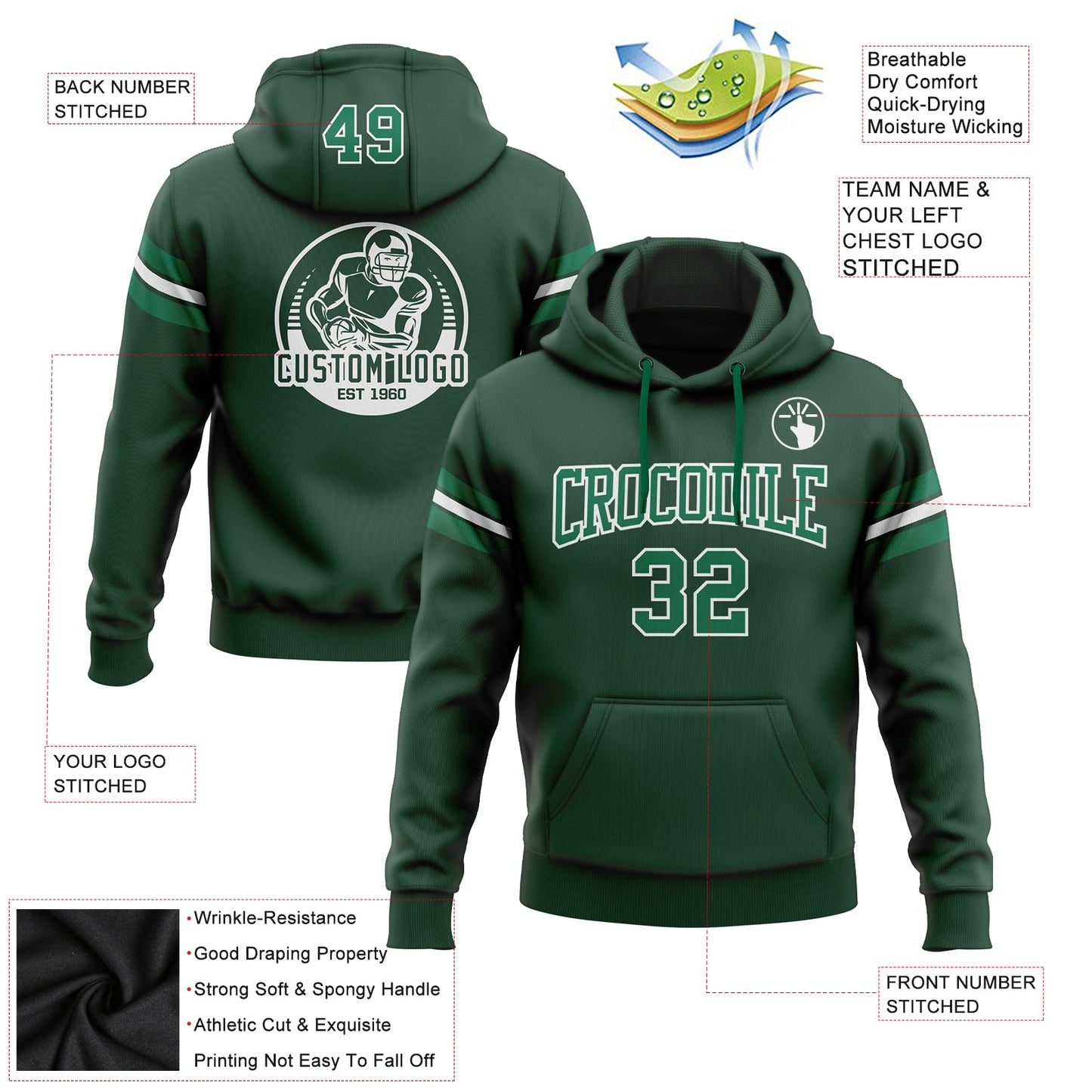 Custom Stitched Green Kelly Green-White Football Pullover Sweatshirt Hoodie