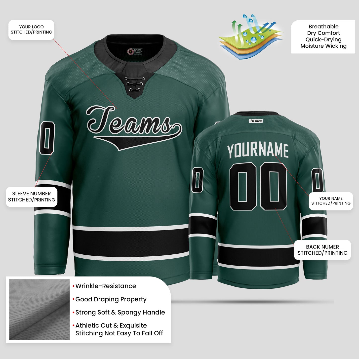 High-Quality Custom Green & Black Hockey Jersey