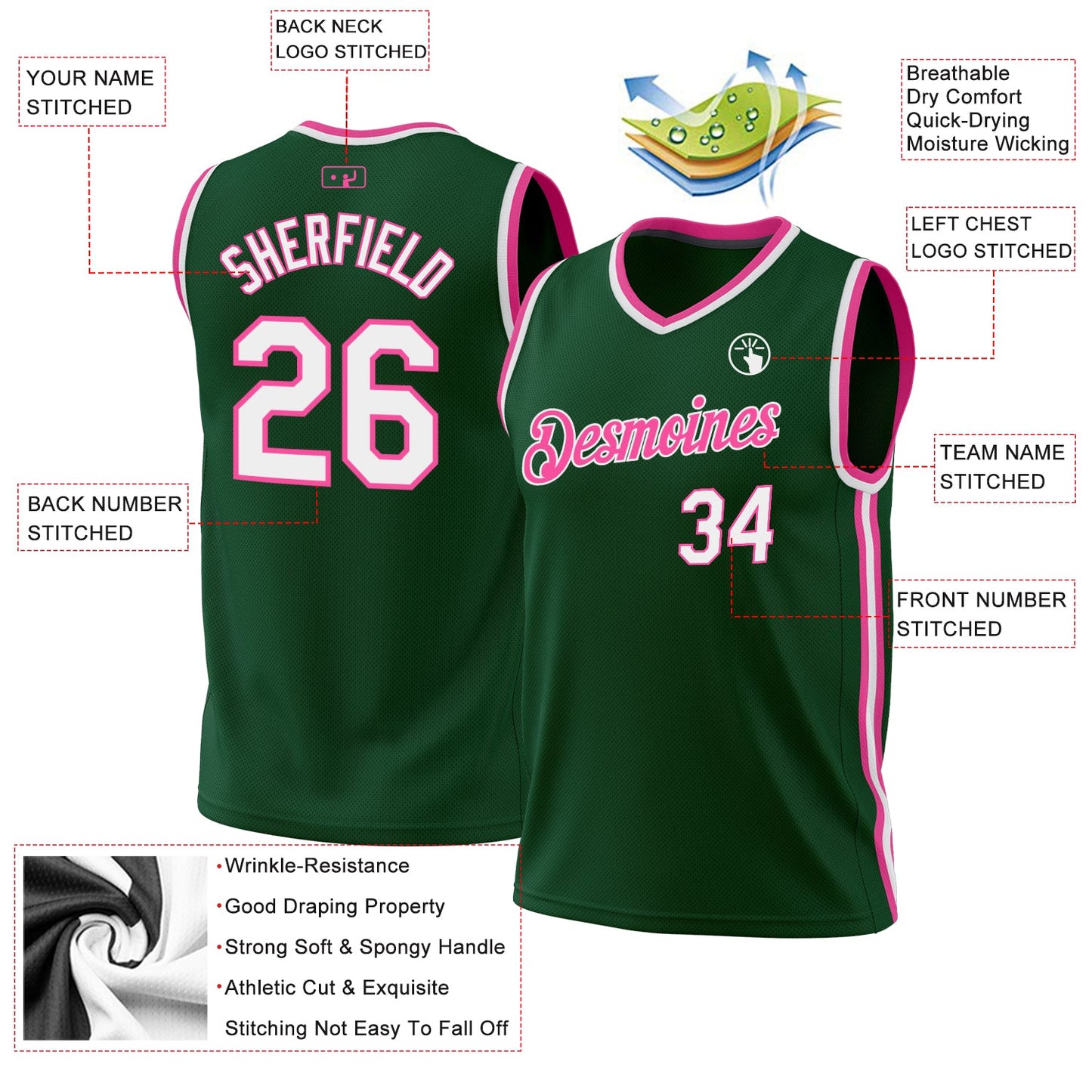 Custom Hunter Green White-Pink Authentic Throwback Basketball Jersey