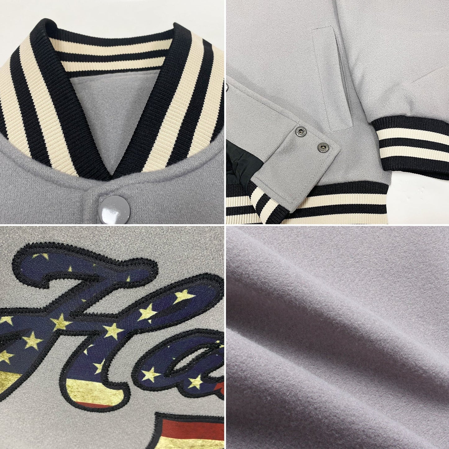 Custom Gray Vintage USA Flag Black-Cream Bomber Full-Snap Varsity Letterman Jacket