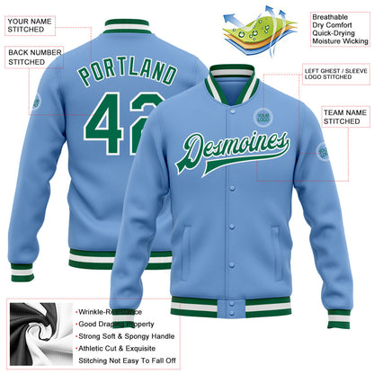 Custom Light Blue Kelly Green-White Bomber Full-Snap Varsity Letterman Jacket