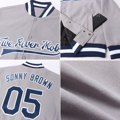 Custom Gray Navy-White Bomber Full-Snap Varsity Letterman Jacket