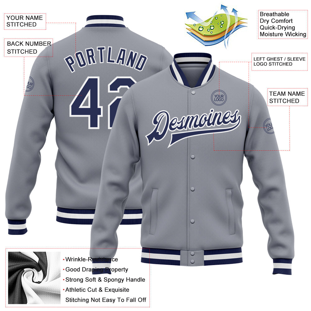 Custom Gray Navy-White Bomber Full-Snap Varsity Letterman Jacket