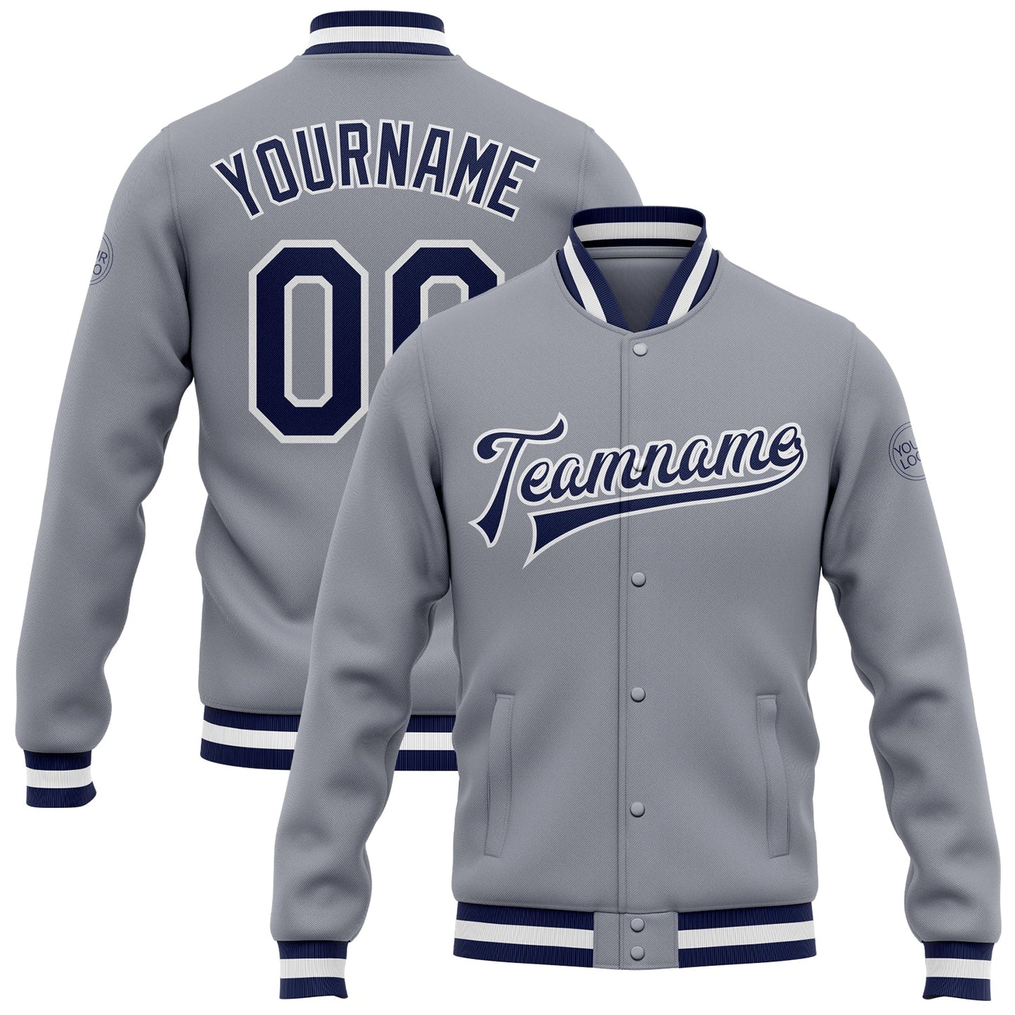 Custom Gray Navy-White Bomber Full-Snap Varsity Letterman Jacket