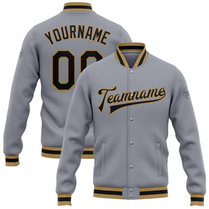 Custom Gray Black-Old Gold Bomber Full-Snap Varsity Letterman Jacket