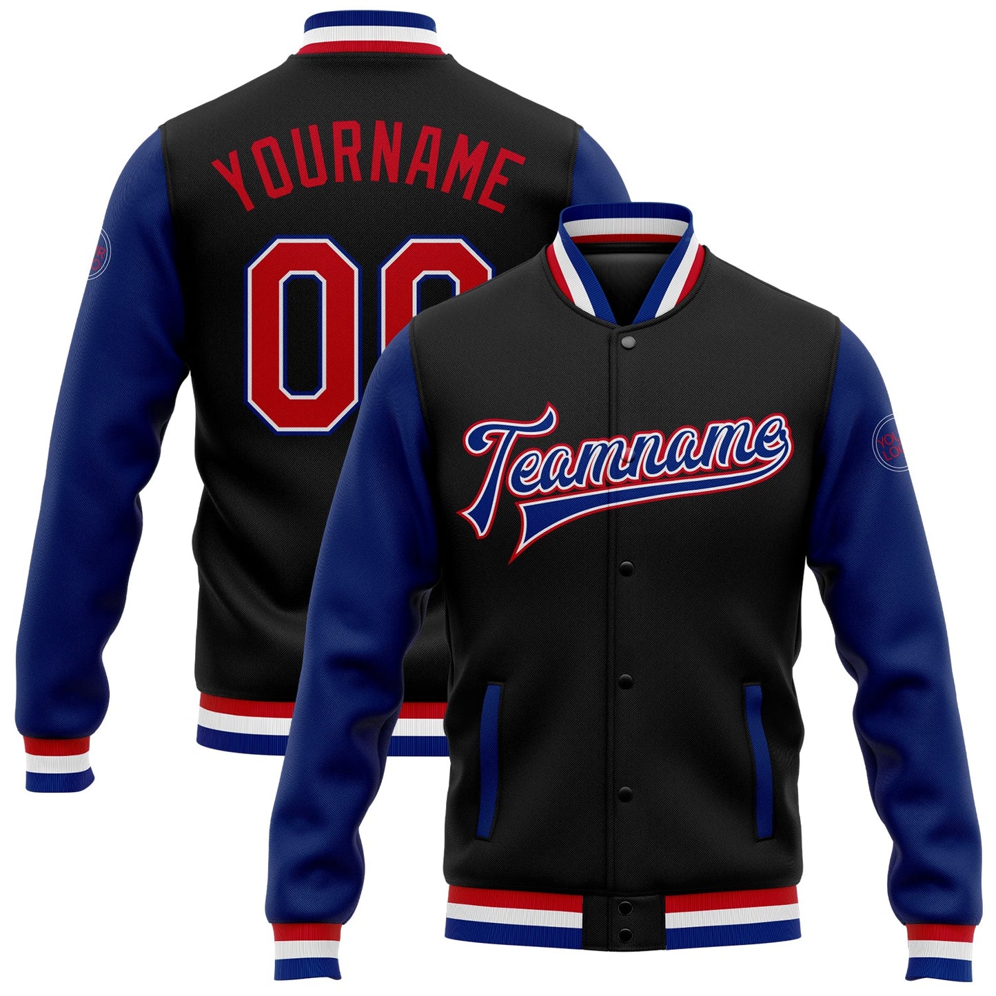 Custom Black Red-Royal Bomber Full-Snap Varsity Letterman Two Tone Jacket