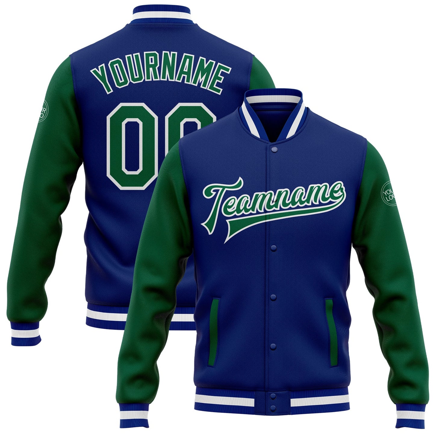 Custom Royal Kelly Green-White Bomber Full-Snap Varsity Letterman Two Tone Jacket