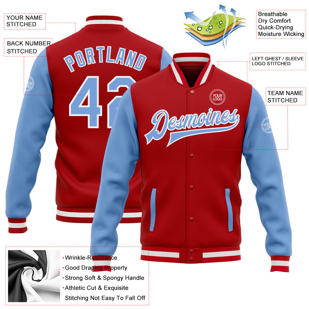 Custom Red Light Blue-White Bomber Full-Snap Varsity Letterman Two Tone Jacket