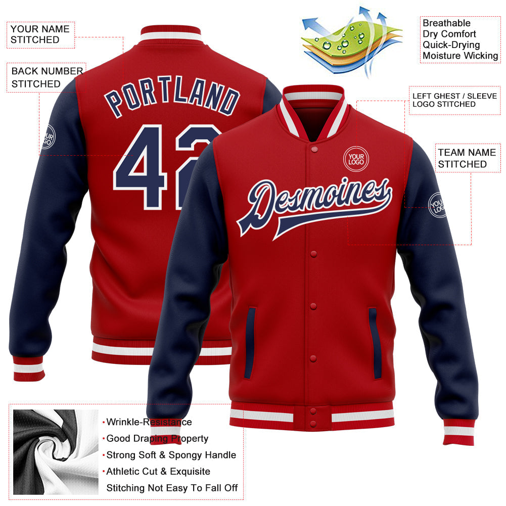 Custom Red Navy-White Bomber Full-Snap Varsity Letterman Two Tone Jacket