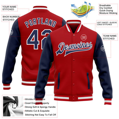 Custom Red Navy-White Bomber Full-Snap Varsity Letterman Two Tone Jacket