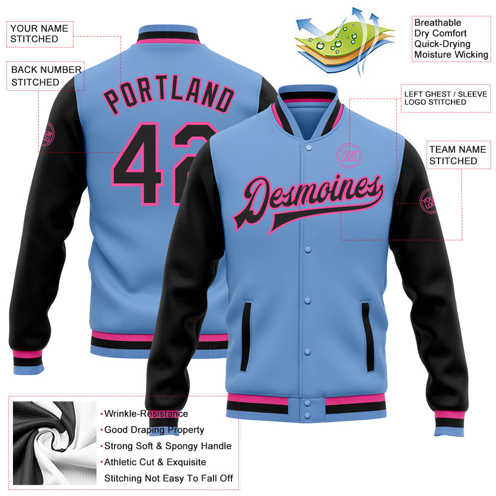 Custom Light Blue Black-Pink Bomber Full-Snap Varsity Letterman Two Tone Jacket