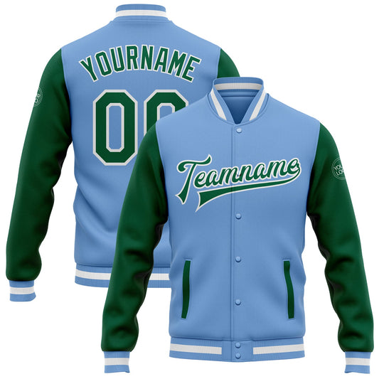 Custom Light Blue Kelly Green-White Bomber Full-Snap Varsity Letterman Two Tone Jacket