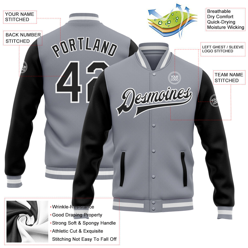 Custom Gray Black-White Bomber Full-Snap Varsity Letterman Two Tone Jacket