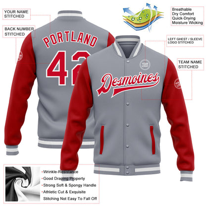 Custom Gray Red-White Bomber Full-Snap Varsity Letterman Two Tone Jacket