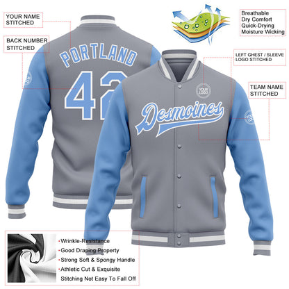 Custom Gray Light Blue-White Bomber Full-Snap Varsity Letterman Two Tone Jacket