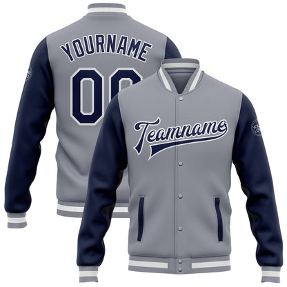 Custom Gray Navy-White Bomber Full-Snap Varsity Letterman Two Tone Jacket