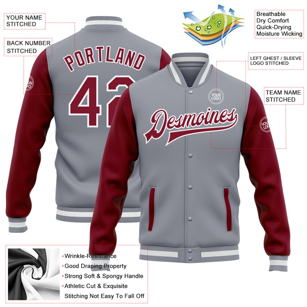 Custom Gray Crimson-White Bomber Full-Snap Varsity Letterman Two Tone Jacket