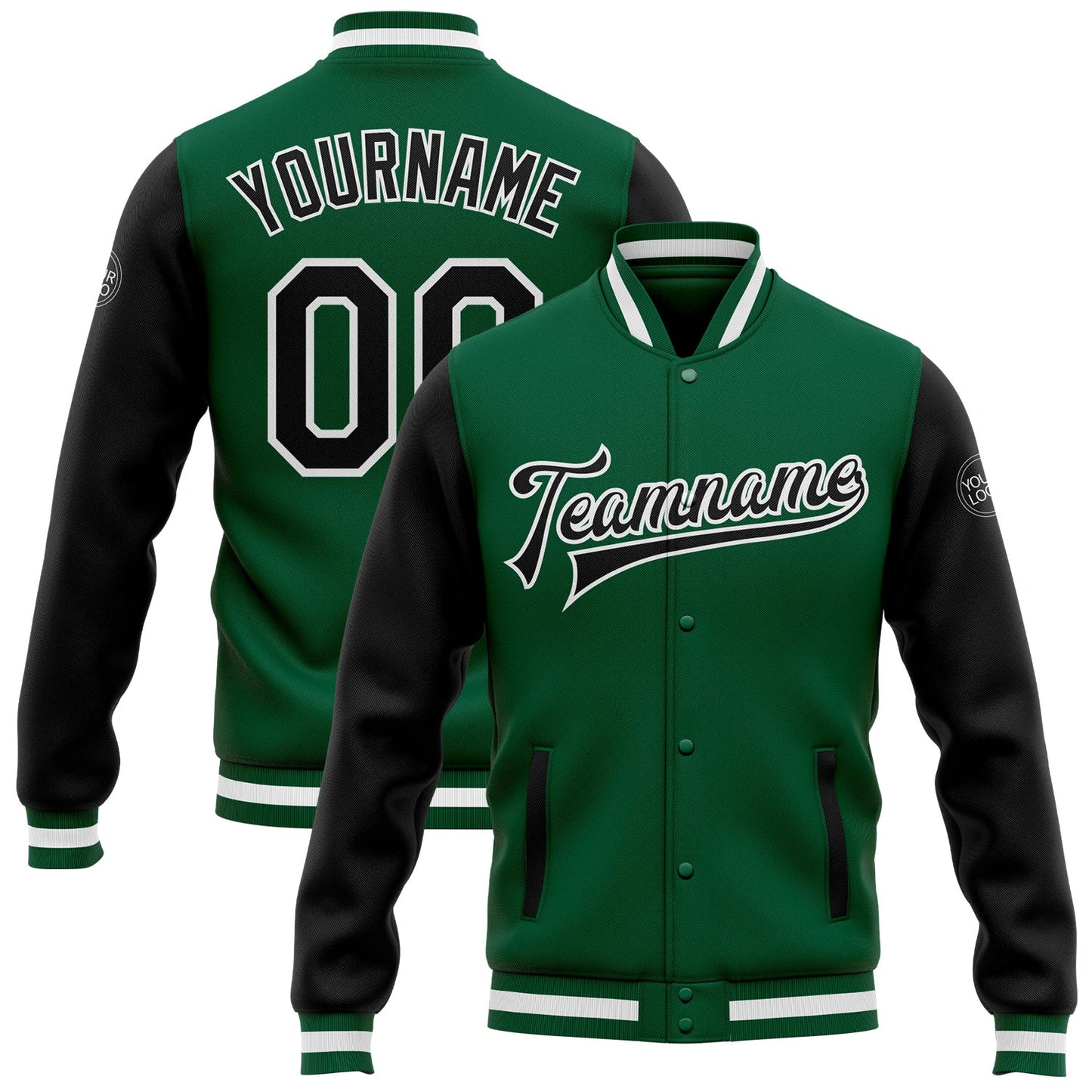 Custom Kelly Green Black-White Bomber Full-Snap Varsity Letterman Two Tone Jacket