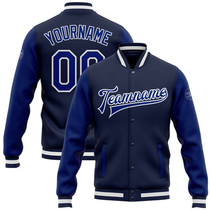 Custom Navy Royal-White Bomber Full-Snap Varsity Letterman Two Tone Jacket