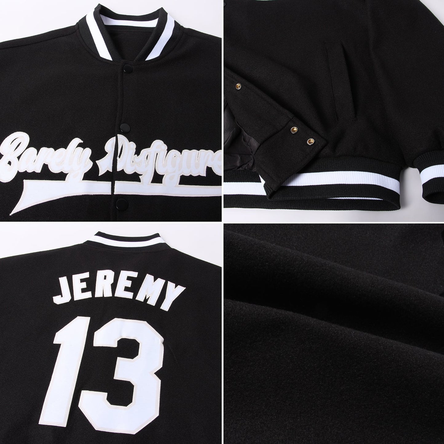 Custom Black White-Cream Bomber Full-Snap Varsity Letterman Jacket