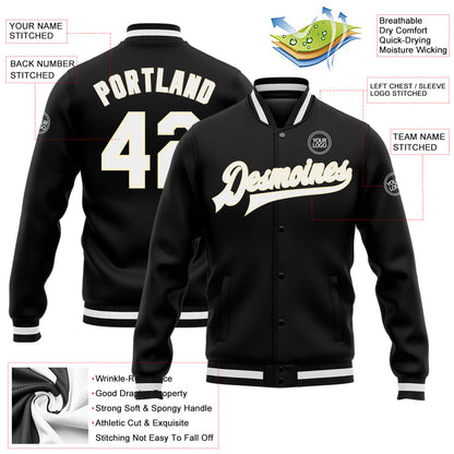 Custom Black White-Cream Bomber Full-Snap Varsity Letterman Jacket