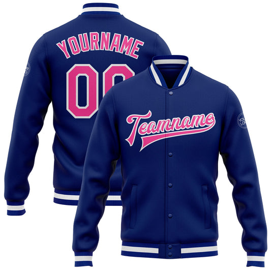 Custom Royal Pink-White Bomber Full-Snap Varsity Letterman Jacket