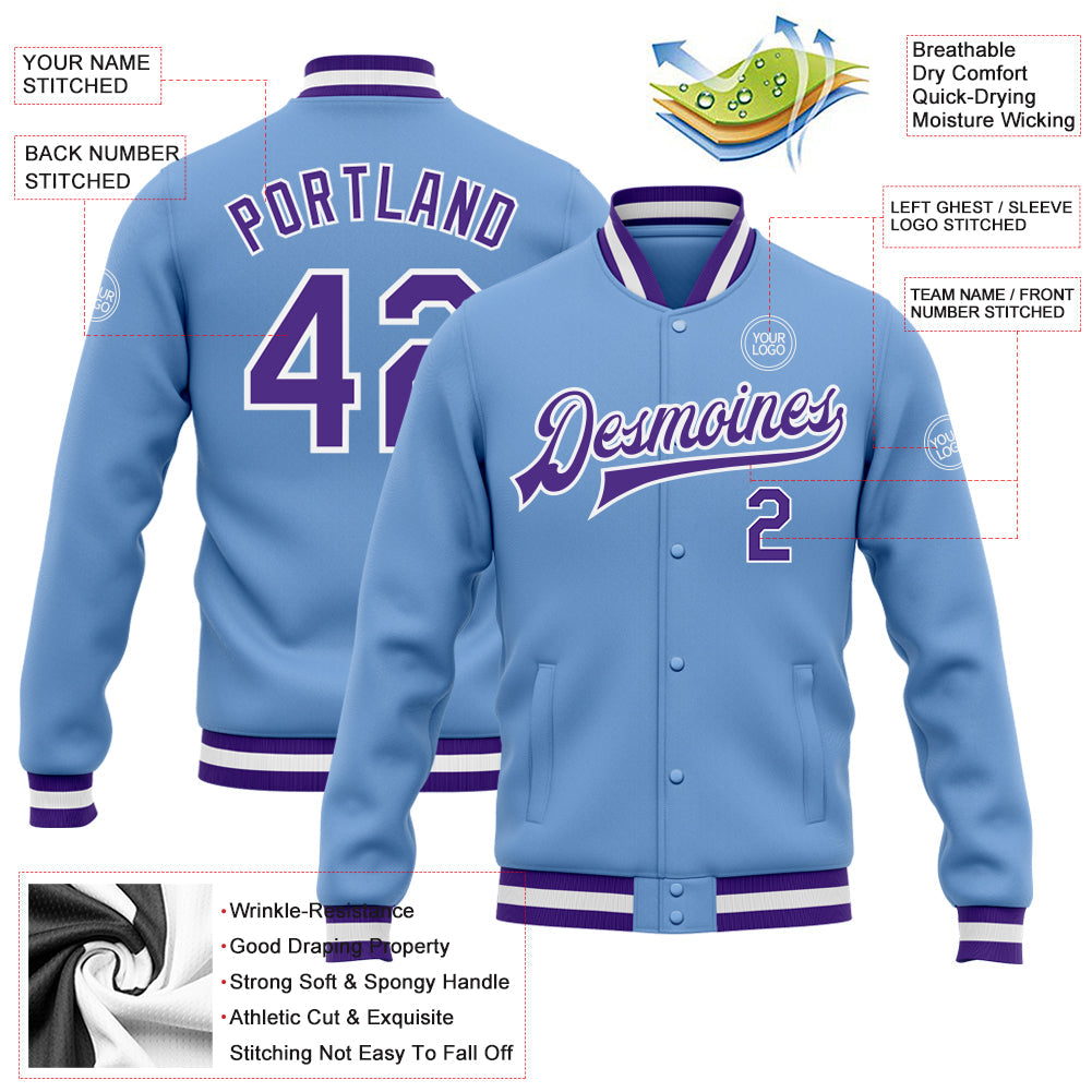 Custom Light Blue Purple-White Bomber Full-Snap Varsity Letterman Jacket