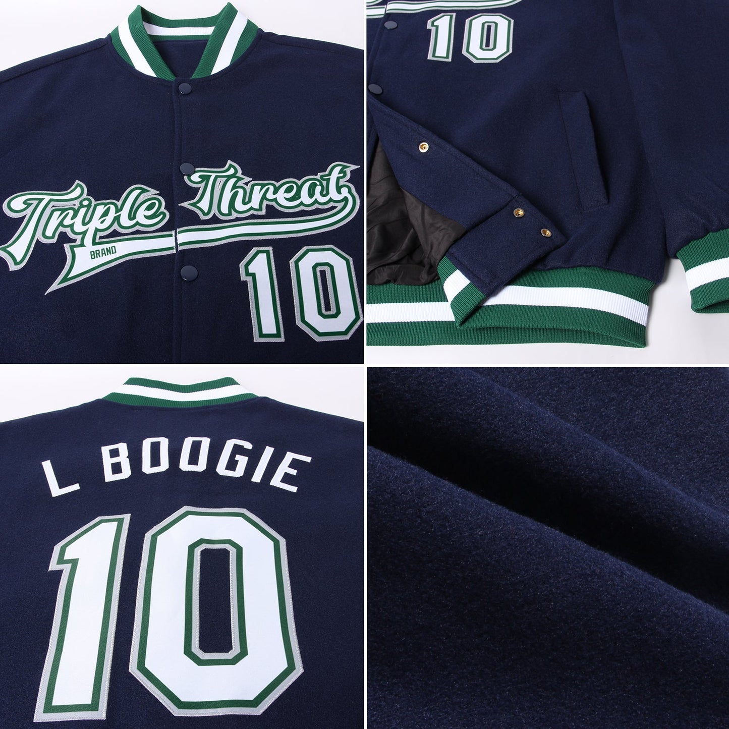 Custom Navy White Kelly Green-Gray Bomber Full-Snap Varsity Letterman Jacket