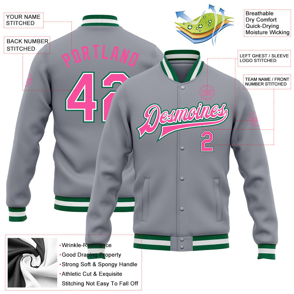 Custom Gray Pink-Kelly Green Bomber Full-Snap Varsity Letterman Jacket