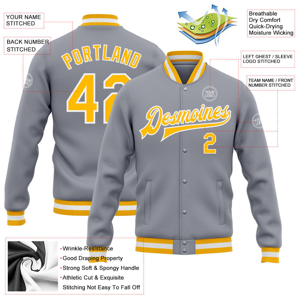 Custom Gray Gold-White Bomber Full-Snap Varsity Letterman Jacket