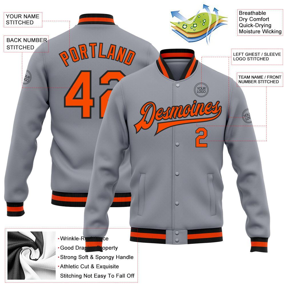 Custom Gray Orange-Black Bomber Full-Snap Varsity Letterman Jacket