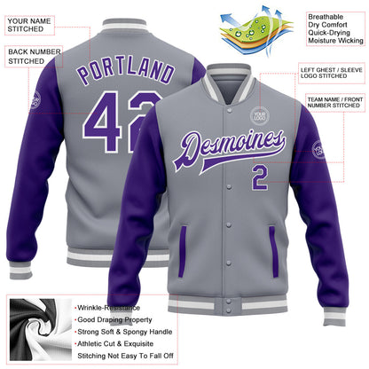 Custom Gray Purple-White Bomber Full-Snap Varsity Letterman Two Tone Jacket