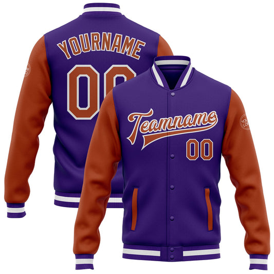 Custom Purple Texas Orange-White Bomber Full-Snap Varsity Letterman Two Tone Jacket