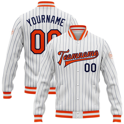 Custom White Navy Pinstripe Orange-Navy Bomber Full-Snap Varsity Letterman Jacket