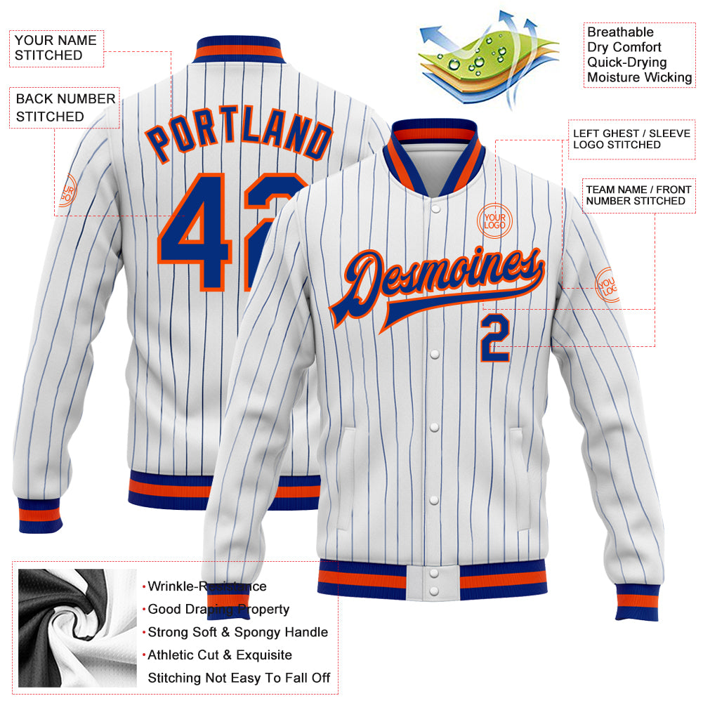 Custom White Royal Pinstripe Royal-Orange Bomber Full-Snap Varsity Letterman Jacket