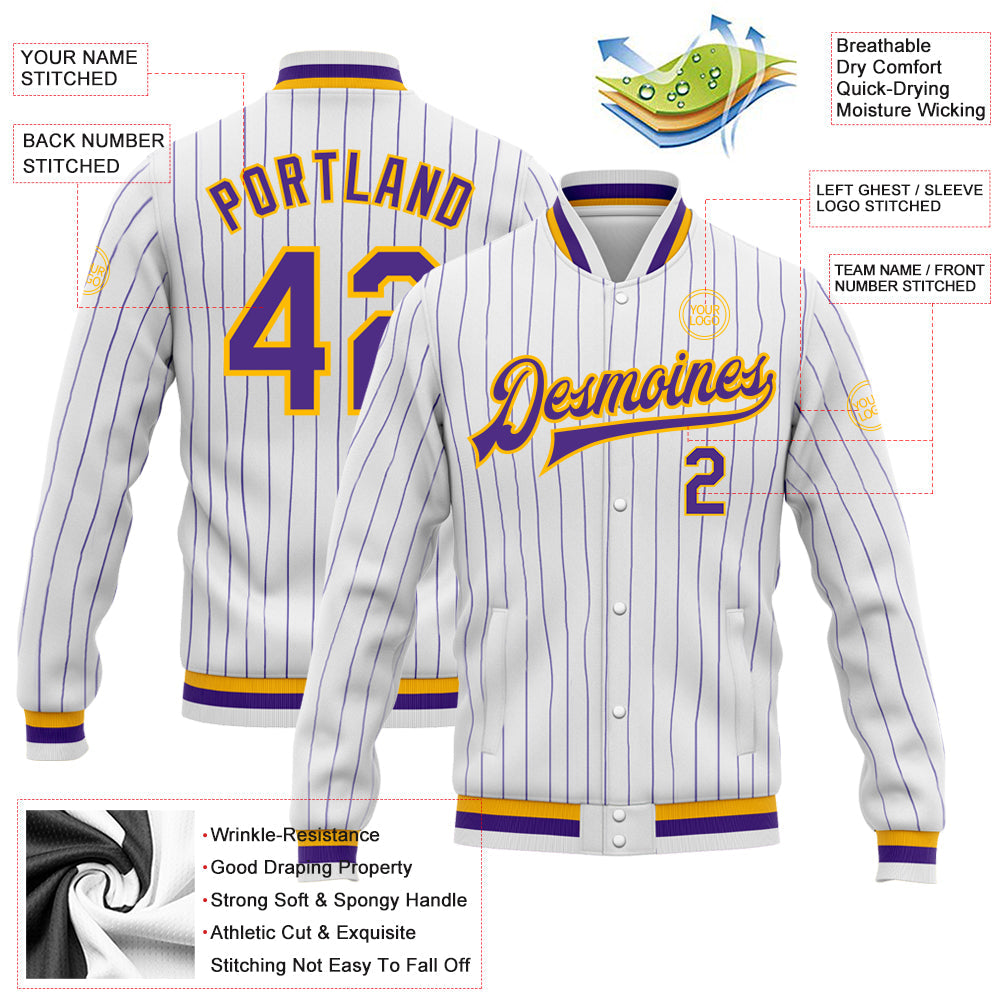 Custom White Purple Pinstripe Purple-Gold Bomber Full-Snap Varsity Letterman Jacket