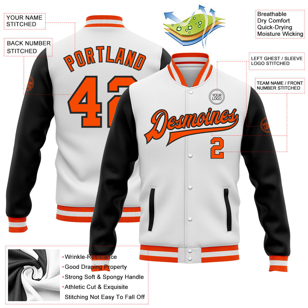 Custom White Orange-Black Bomber Full-Snap Varsity Letterman Two Tone Jacket