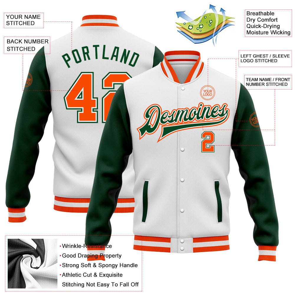 Custom White Orange-Green Bomber Full-Snap Varsity Letterman Two Tone Jacket