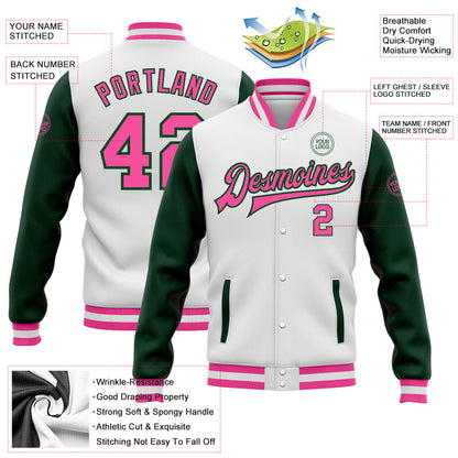 Custom White Pink-Green Bomber Full-Snap Varsity Letterman Two Tone Jacket