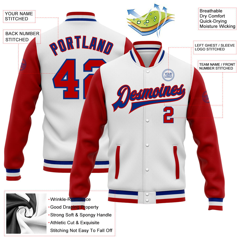 Custom White Red-Royal Bomber Full-Snap Varsity Letterman Two Tone Jacket