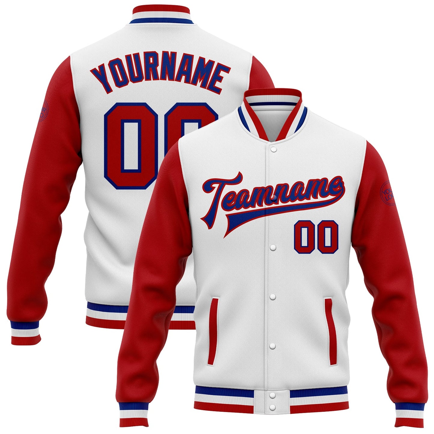 Custom White Red-Royal Bomber Full-Snap Varsity Letterman Two Tone Jacket