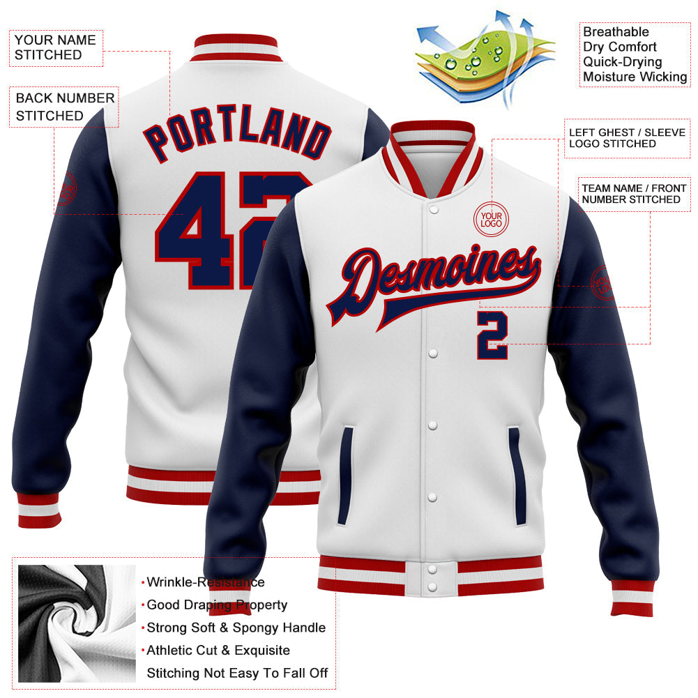 Custom White Navy-Red Bomber Full-Snap Varsity Letterman Two Tone Jacket