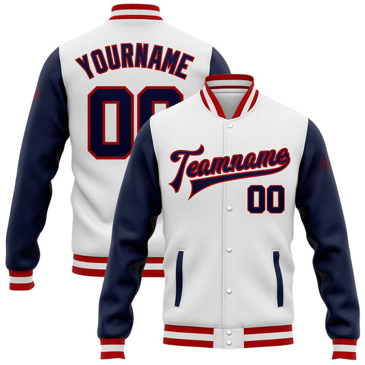 Custom White Navy-Red Bomber Full-Snap Varsity Letterman Two Tone Jacket