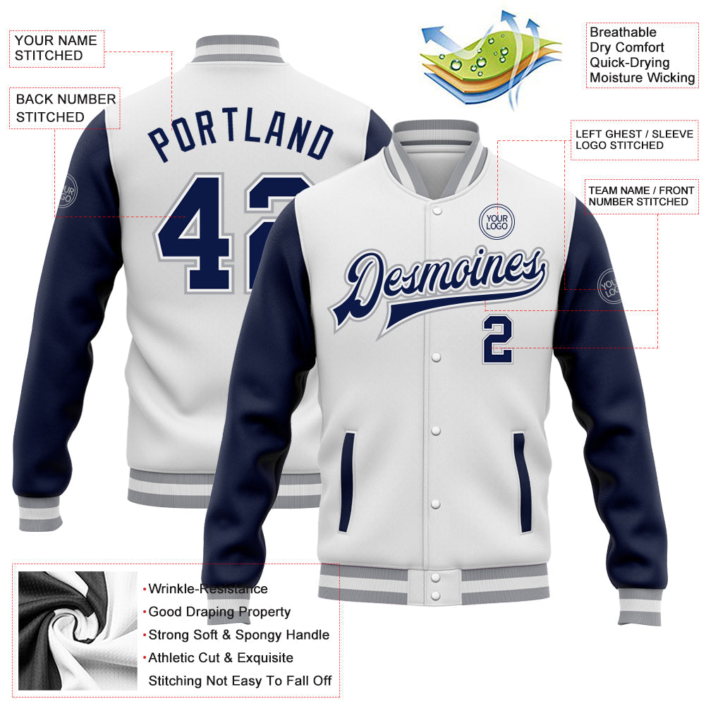 Custom White Navy-Gray Bomber Full-Snap Varsity Letterman Two Tone Jacket