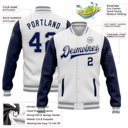 Custom White Navy-Gray Bomber Full-Snap Varsity Letterman Two Tone Jacket