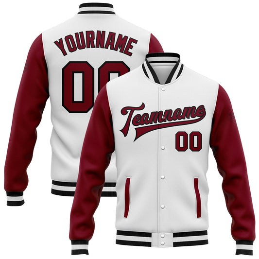 Custom White Crimson-Black Bomber Full-Snap Varsity Letterman Two Tone Jacket