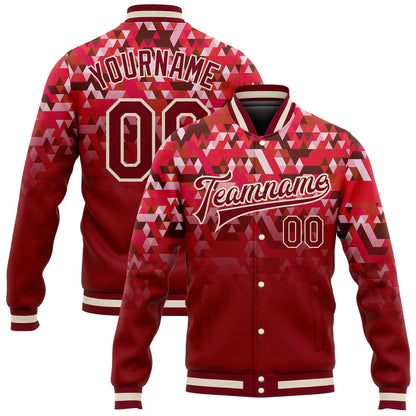 Custom Red Crimson-Cream 3D Pattern Design Bomber Full-Snap Varsity Letterman Jacket