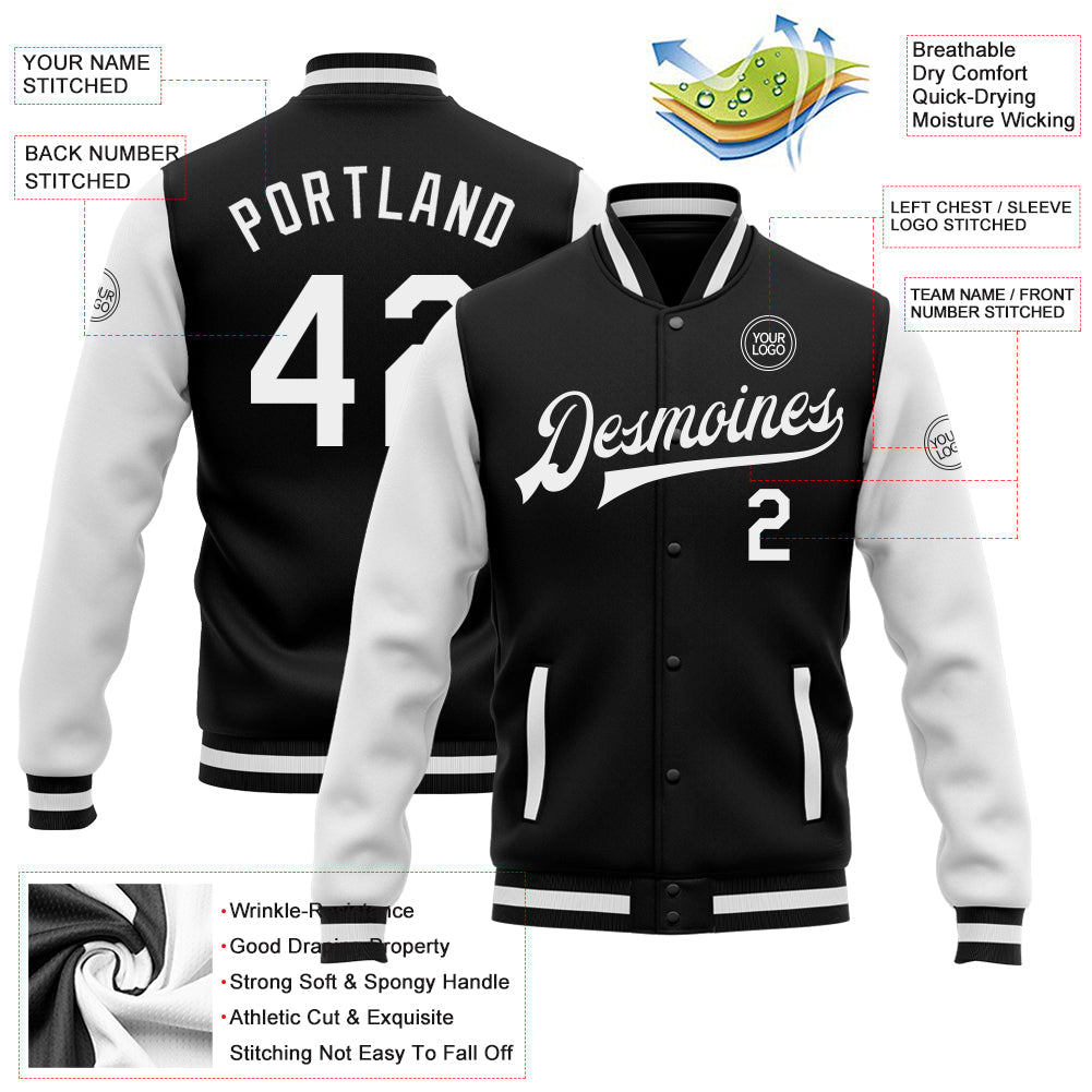 Custom Black White Bomber Full-Snap Varsity Letterman Two Tone Jacket