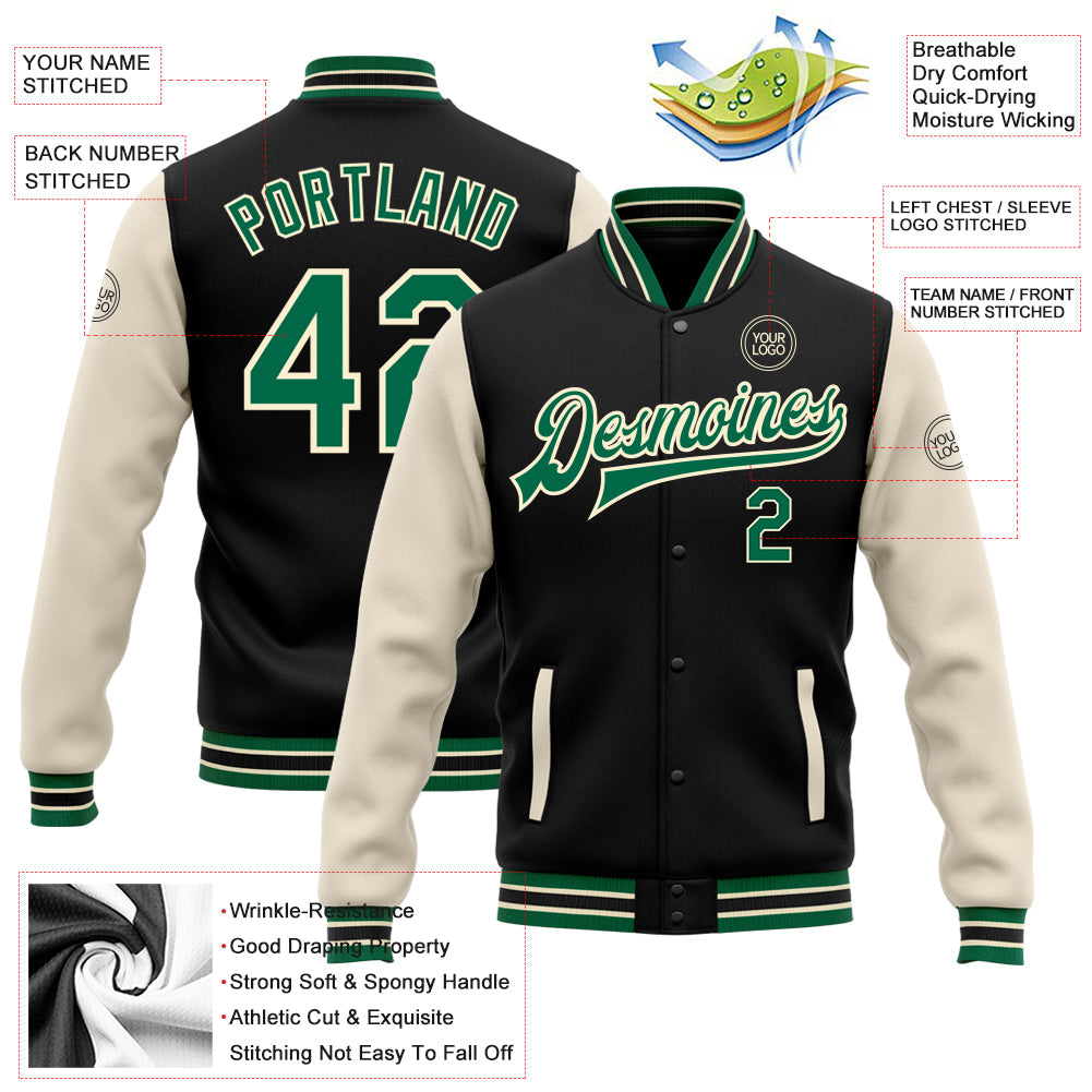 Custom Black Kelly Green-Cream Bomber Full-Snap Varsity Letterman Two Tone Jacket