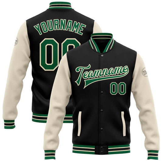 Custom Black Kelly Green-Cream Bomber Full-Snap Varsity Letterman Two Tone Jacket